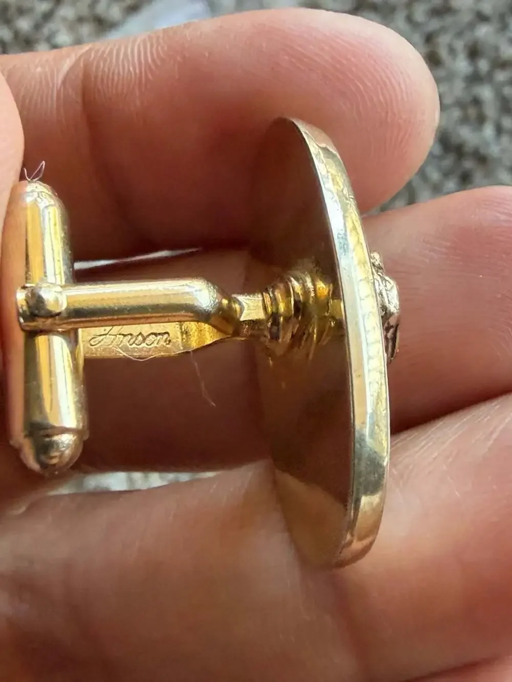 Vintage Anson Gold Tone Oval Cufflinks with Mother of Pearl and Raised Bird Deta